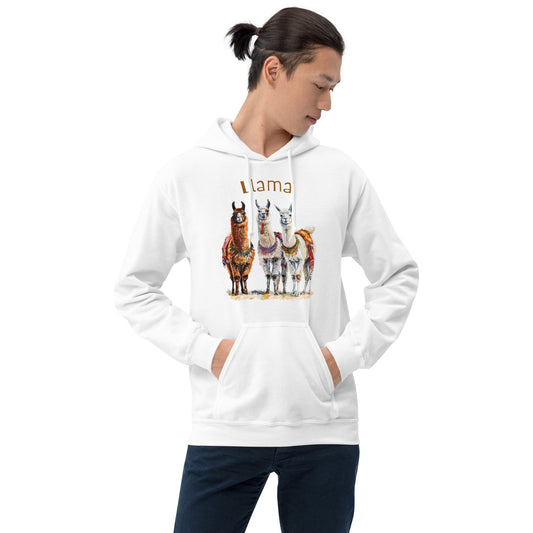 Product mockup photo of the 3 Llama Llamas Hoodie (unisex).