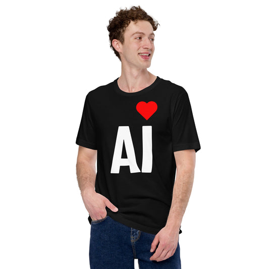 Product mockup photo of the AI Heart T Shirt (unisex).