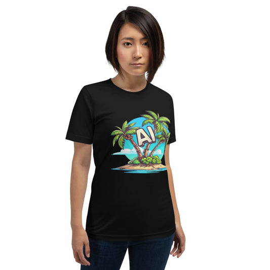 Product mockup photo of the AI Palm Island T Shirt 2 (unisex).