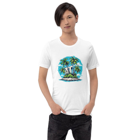 Product mockup photo of the AI Palm Island T Shirt (unisex).