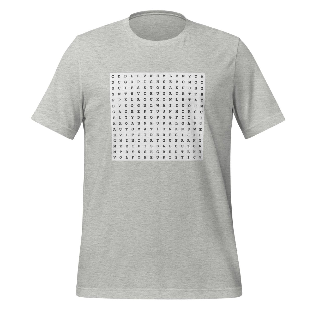 Product mockup photo of the AI Word Puzzle T Shirt (unisex) Athletic Heather / M.