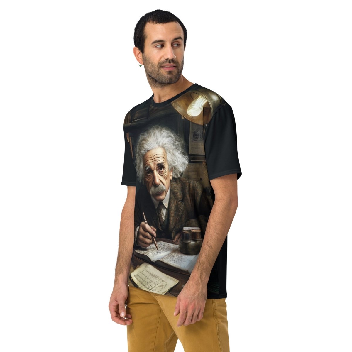 Product mockup photo of the Albert Einstein Cartoon T Shirt (men).