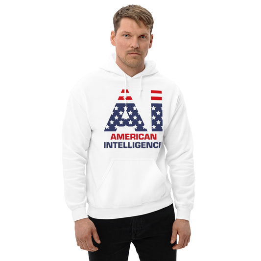 Product mockup photo of the American Intelligence Hoodie (unisex).