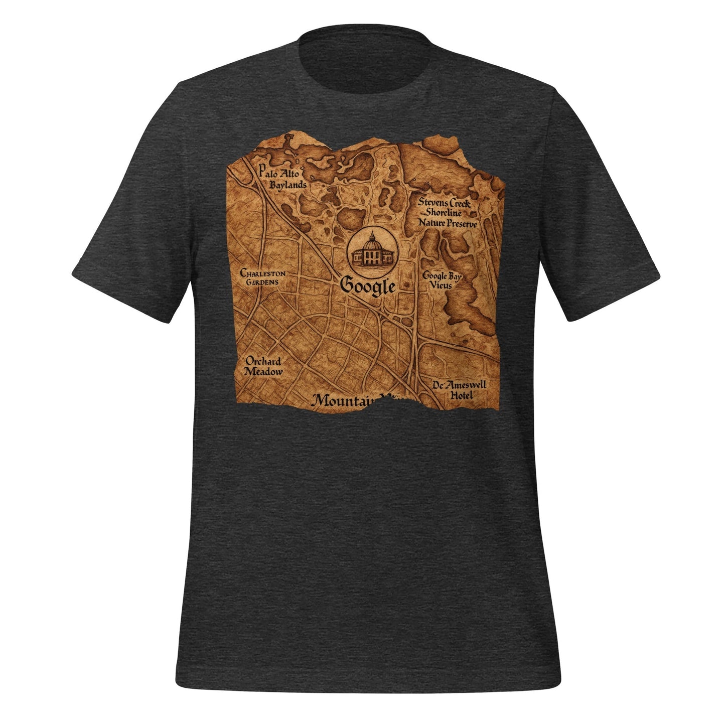 Product mockup photo of the Ancient Map of Google in Mountain View T Shirt (unisex).