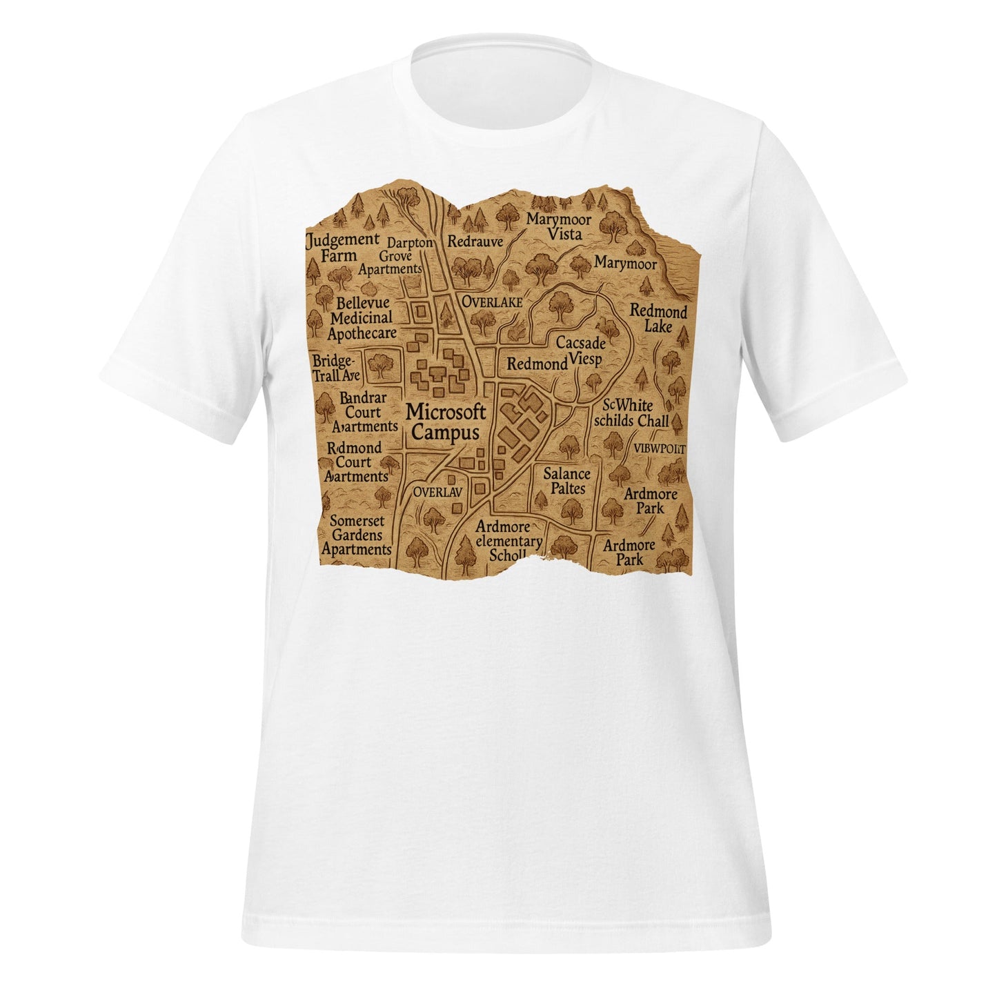 Product mockup photo of the Ancient Map of Microsoft in Redmond T Shirt (unisex) White / M.
