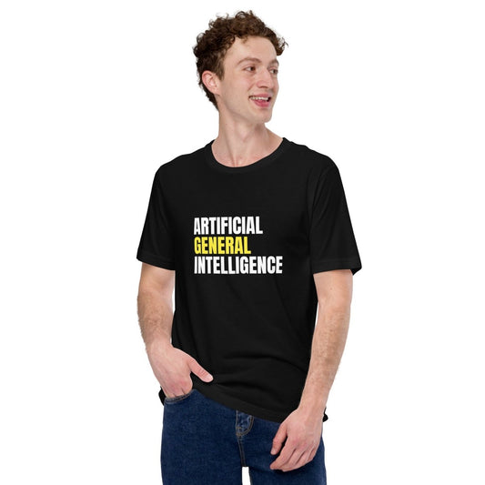 Product mockup photo of the Artificial General Intelligence Stacked (Yellow) T Shirt (unisex).