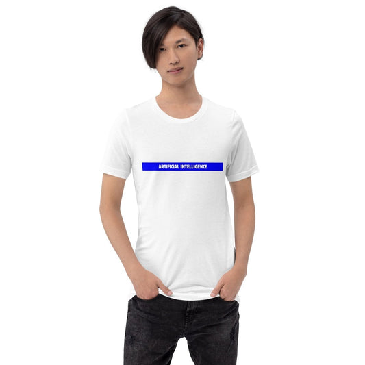 Product mockup photo of the Artificial Intelligence Blue Stripe T Shirt (unisex).