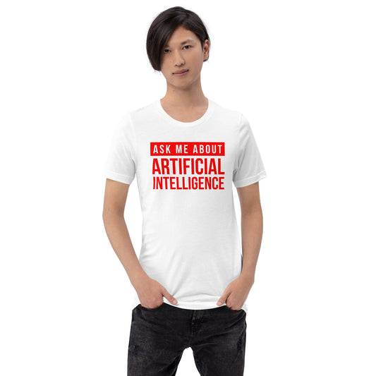 Mockup image of the Ask Me About Artificial Intelligence in Red T-Shirt (unisex).
