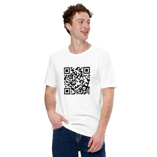 Product mockup photo of the Attention is All You Need arXiv QR Code T Shirt (unisex).
