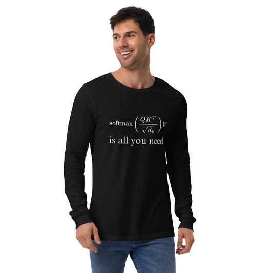 Product mockup photo of the Attention is All You Need Long Sleeve T Shirt (unisex).
