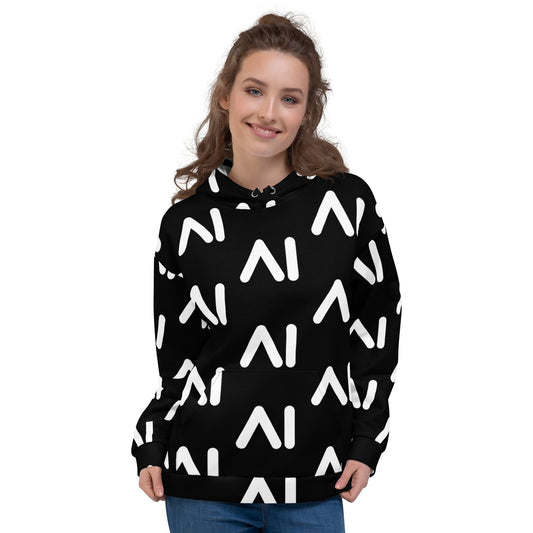 Product mockup photo of the Black AI Logo Hoodie (unisex).