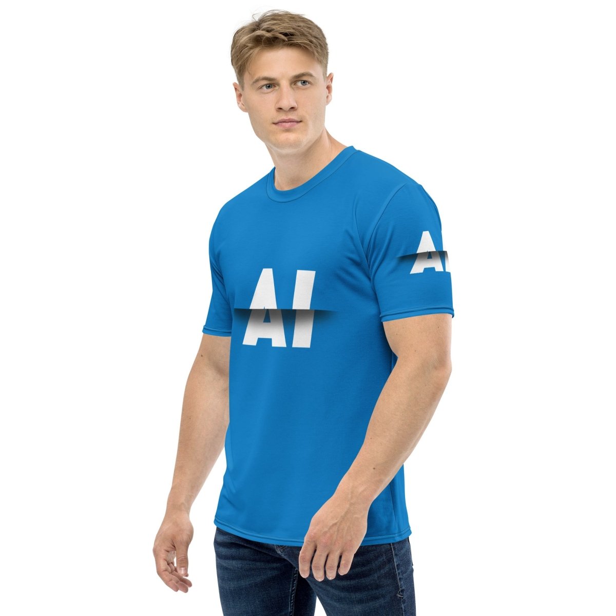 Product mockup photo of the Blue AI Slice T Shirt (men).