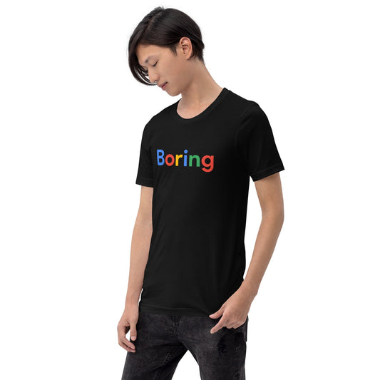 Product mockup photo of the Boring Search Logo T Shirt (unisex).