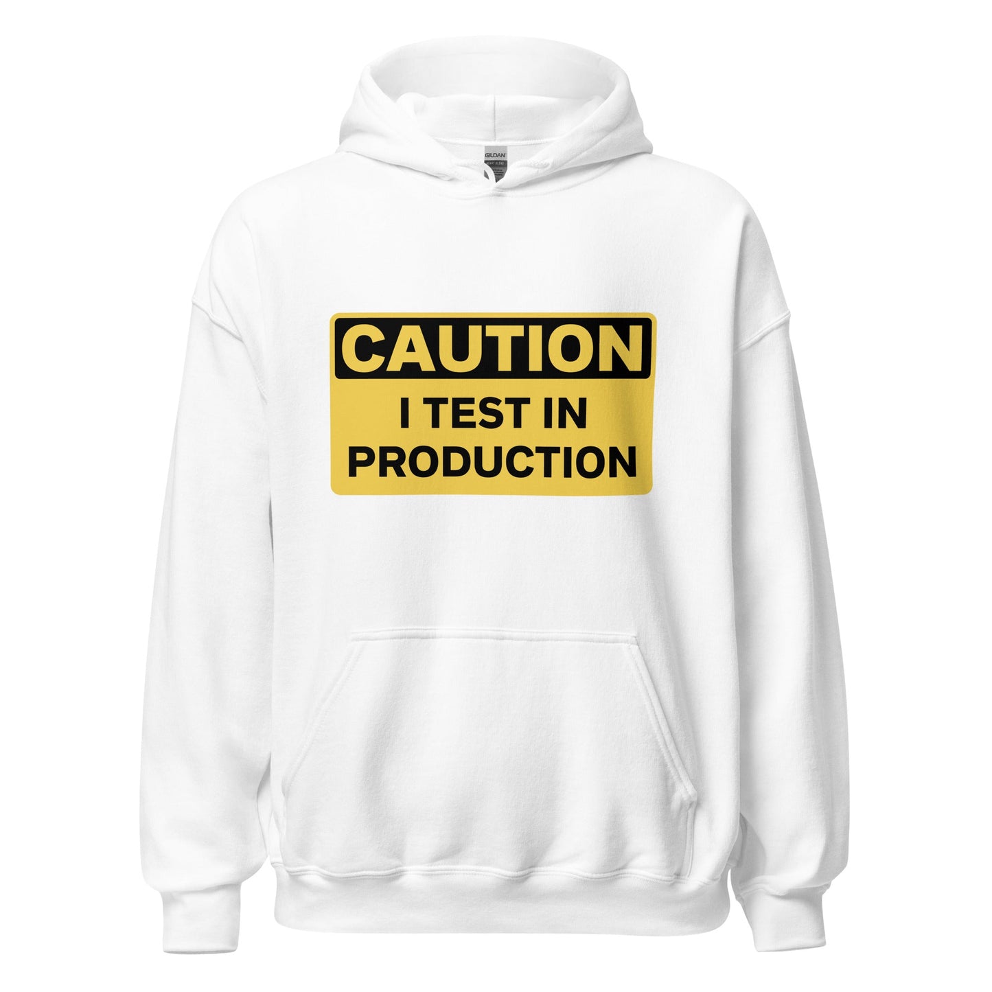 Image of the CAUTION I Test in Production Hoodie (unisex) White / M.