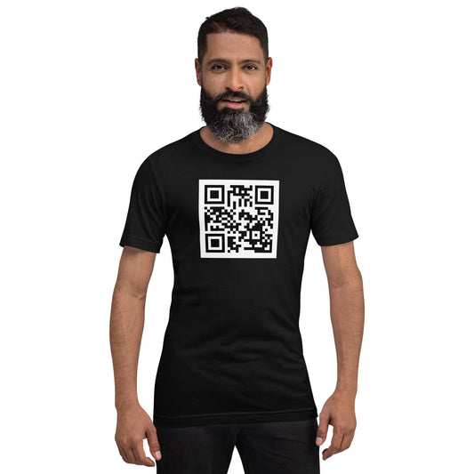 Product mockup photo of the ChatGPT QR Code T Shirt (unisex).