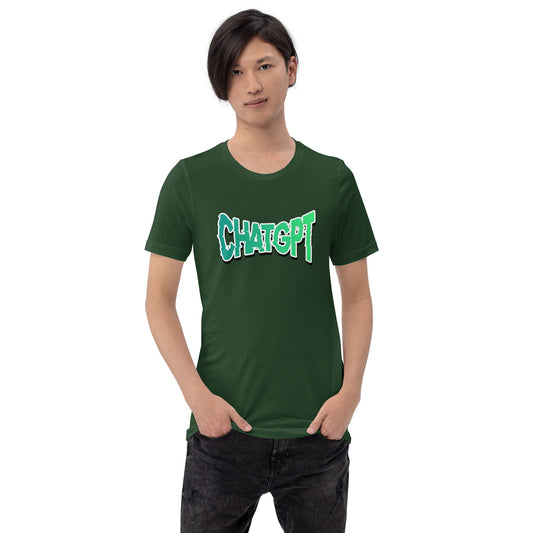 Product mockup photo of the ChatGPT Warped Glitch T Shirt (unisex).