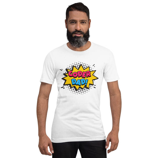 Product mockup photo of the CODER DAD! T Shirt (unisex).