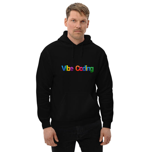 Product mockup photo of the Colorful Vibe Coding Hoodie (unisex).