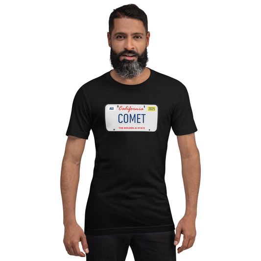 Product mockup photo of the COMET License Plate T Shirt (unisex).