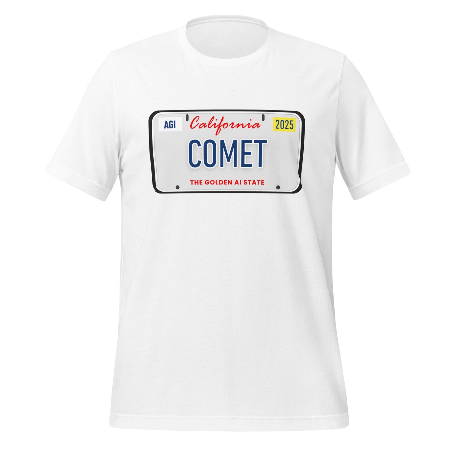 Product mockup photo of the COMET License Plate T Shirt (unisex) White / M.