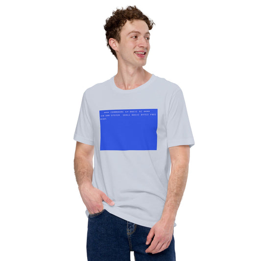 Product mockup photo of the Commodore 64 Screen T Shirt (unisex).