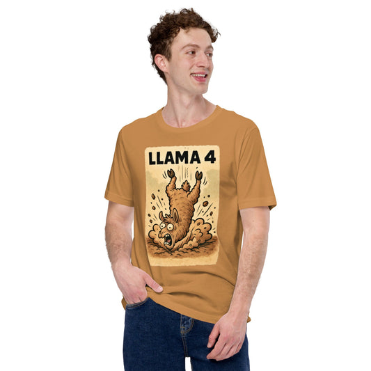 Product mockup photo of the Crashing Llama 4 T Shirt (unisex).