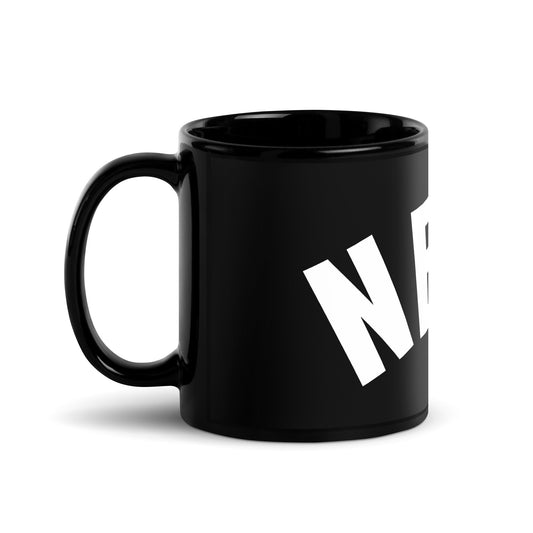 Product mockup photo of the Curved Nerd Sign Black Glossy Mug.