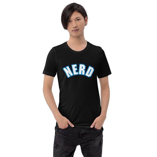Product mockup photo of the Curved Nerd Sign w/ Blue Outline T Shirt (unisex).