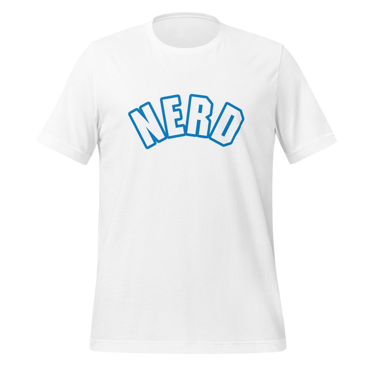 Product mockup photo of the Curved Nerd Sign w/ Blue Outline T Shirt (unisex) White / M.