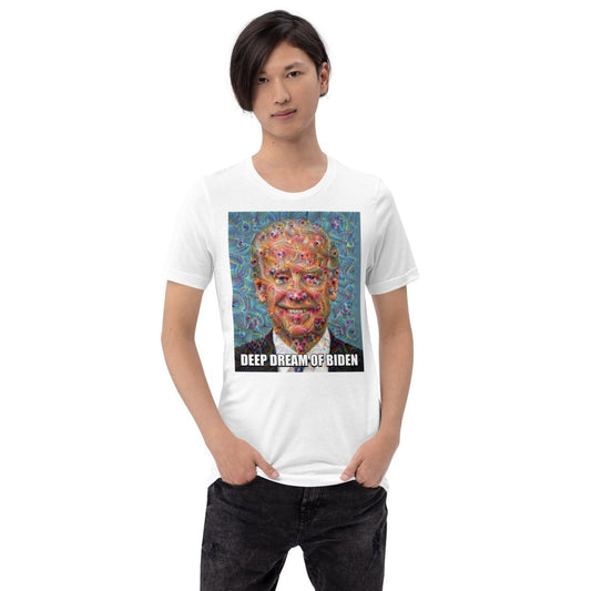 Product mockup photo of the Deep Dream of Biden T Shirt (unisex).