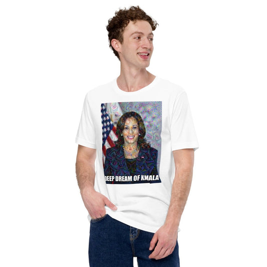 Product mockup photo of the Deep Dream of Kamala T Shirt (unisex).