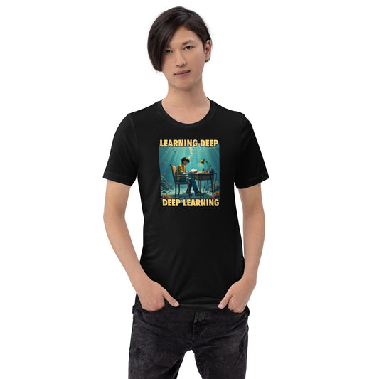 Product mockup photo of the Deep Learning Under Water T Shirt 2 (unisex).