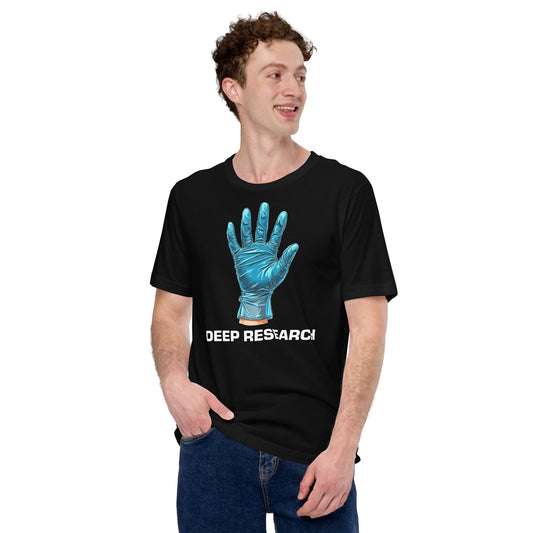 Image of the Deep Research Blue Latex Glove T-Shirt (unisex).