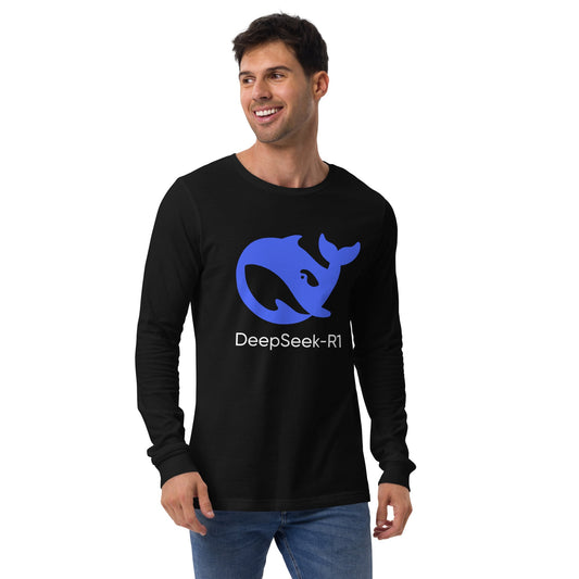 Product mockup photo of the DeepSeek R1 Long Sleeve T Shirt (unisex).