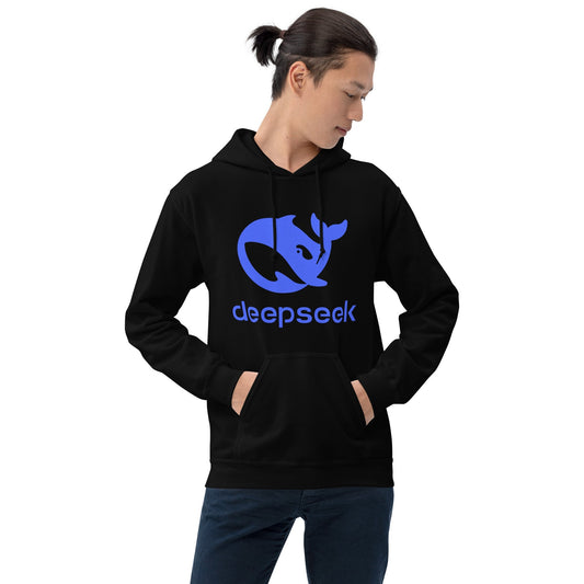 Product mockup photo of the DeepSeek Stacked Logo Hoodie (unisex).