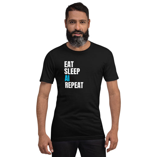 Product mockup photo of the EAT SLEEP AI REPEAT T Shirt 5 (unisex).