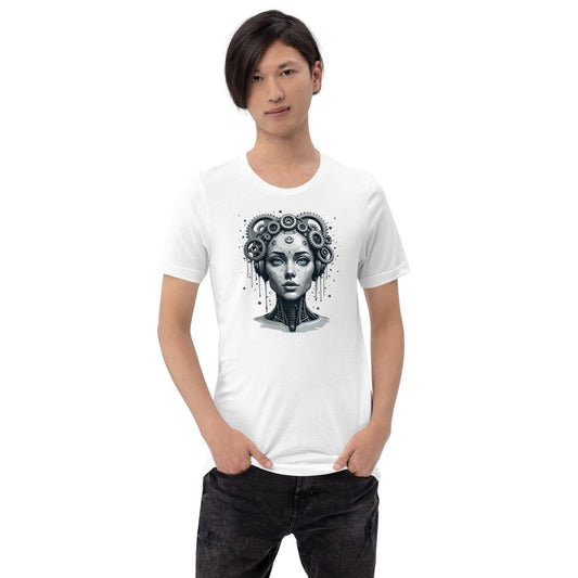 Product mockup photo of the Female Gear Head Robot T Shirt 2 (unisex).