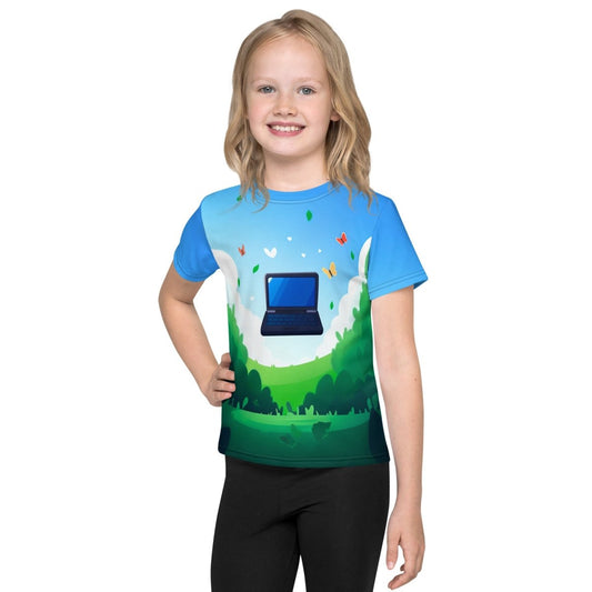 Product mockup photo of the Floating Laptop T Shirt (children).