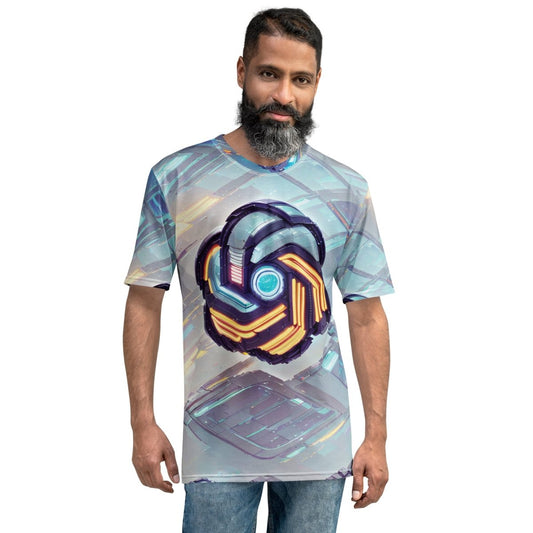 Product mockup photo of the Futuristic Logo Scene T Shirt (men).