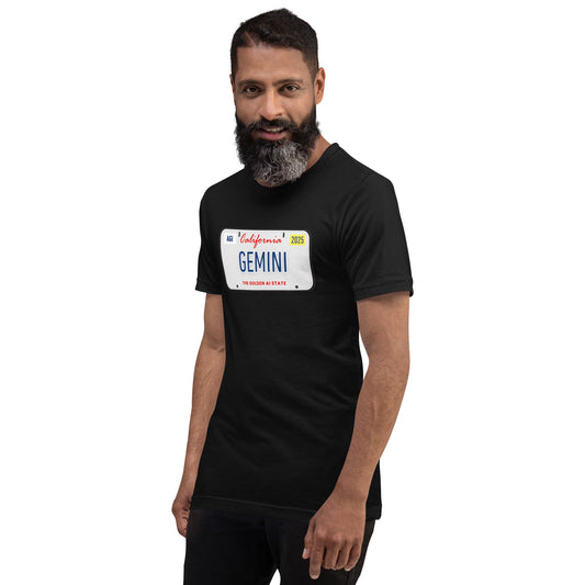 Product mockup photo of the GEMINI License Plate T Shirt (unisex).