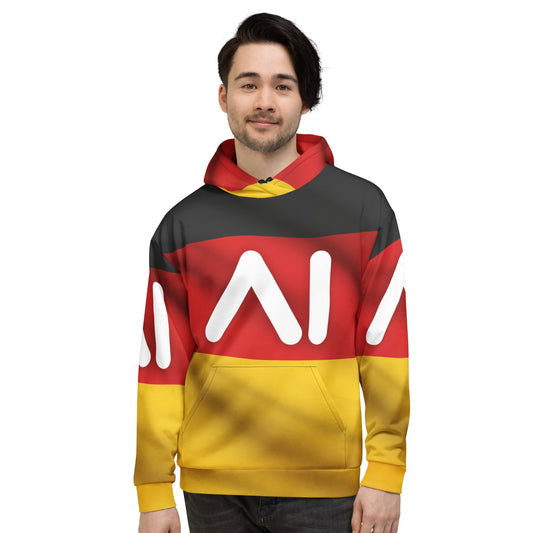 Product mockup photo of the Germany AI Logo Hoodie (unisex).