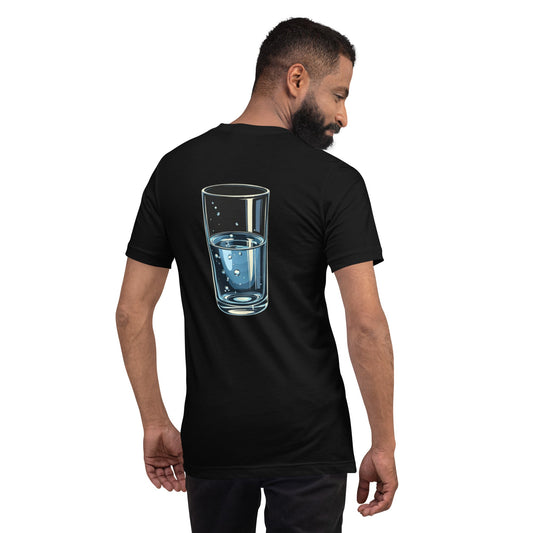 Product mockup photo of the Glass Half Full Person T Shirt 3 (unisex).