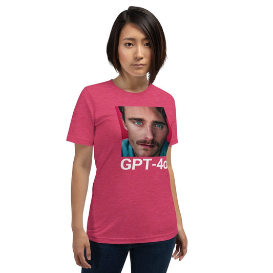 Product mockup photo of the GPT 4o is Her T Shirt (unisex).