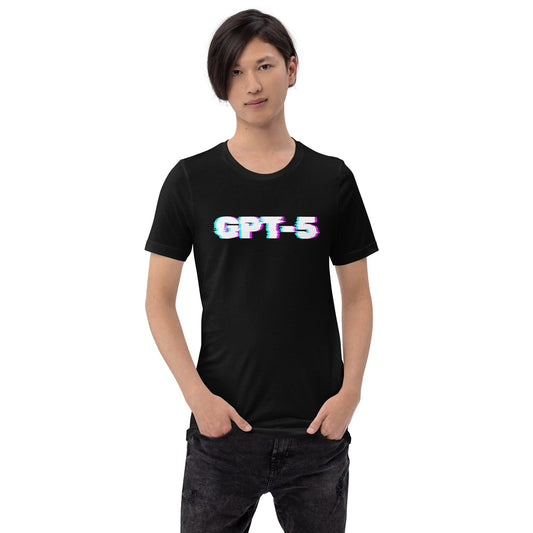 Product mockup photo of the GPT 5 Glitch T Shirt (unisex).