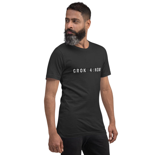 Product mockup photo of the GROK 4:NOW T Shirt (unisex).