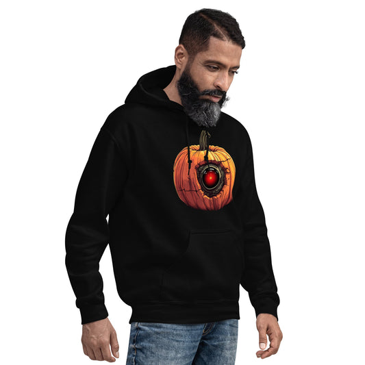 Product mockup photo of the HAL 9000 Pumpkin Hoodie (unisex).