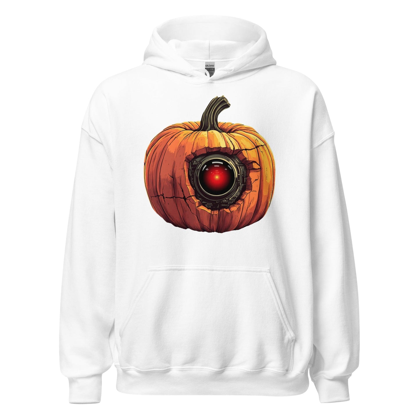 Product mockup photo of the HAL 9000 Pumpkin Hoodie (unisex) White / M.