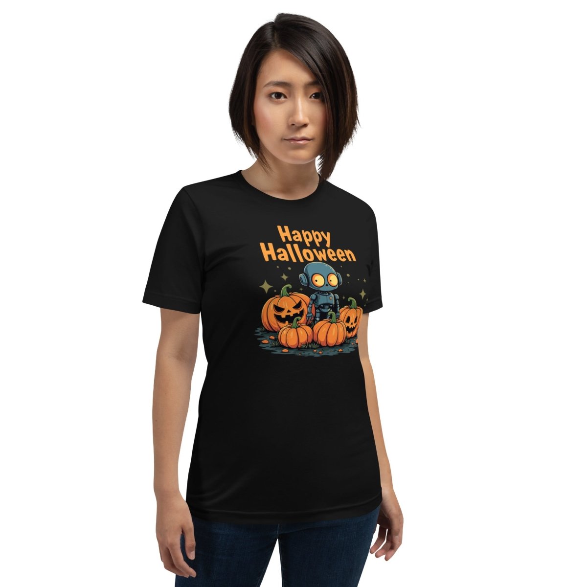 Product mockup photo of the Happy Halloween Robot T Shirt (unisex) 🎃.