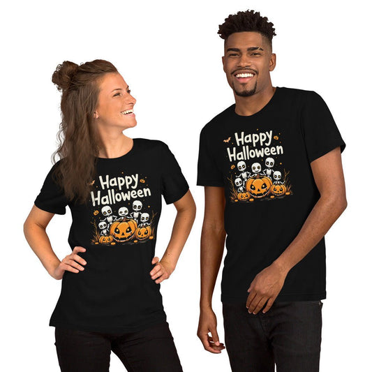 Product mockup photo of the Happy Halloween Robots T Shirt 2 (unisex) 🎃.