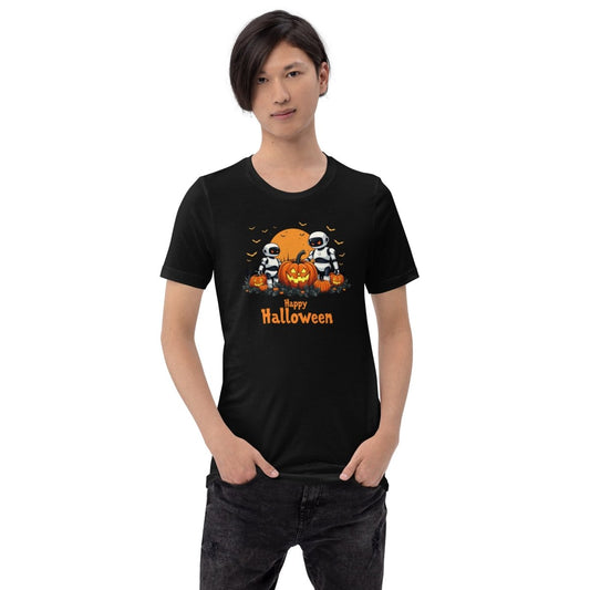 Product mockup photo of the Happy Halloween Robots T Shirt 3 (unisex) 🎃.